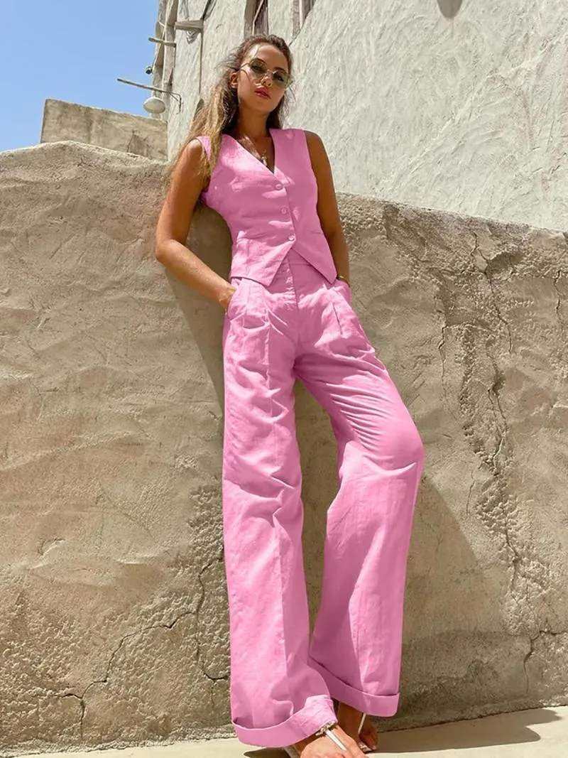 Women s Pink Cotton Linen Vest Set Elegant Office Summer Outfit High Waist Wide Leg Pants Single Breasted Waistcoat