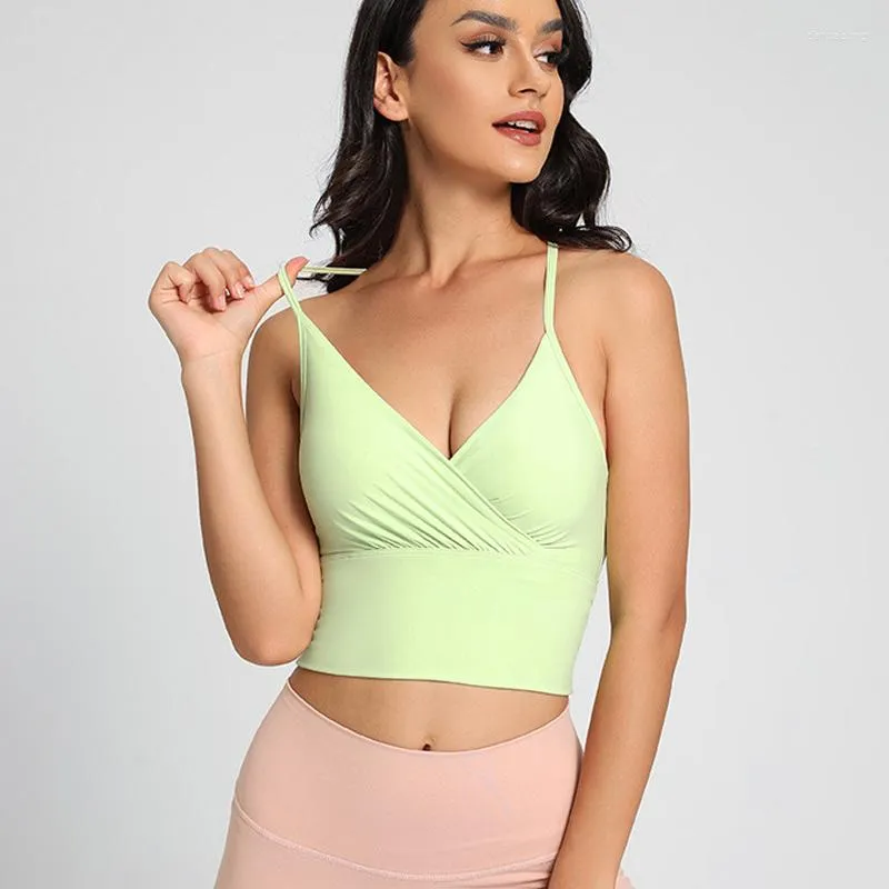 Yoga Outfit Femmes Super Doux Nude Feeling Fitness Soutien-Gorge Sexy Col En V Profond Gym Crop Top Avec Coussinets De Poitrine Femme Sport Sous-Vêtements Vêtements