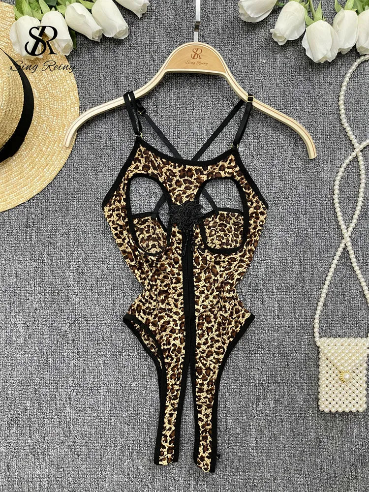 Falda sexy SINGREINY Leopard Entrepierna abierta Sexuality Playsuit Monos cortos Hollow Out Porno Camis Mamelucos Lencería sexy Body 230803