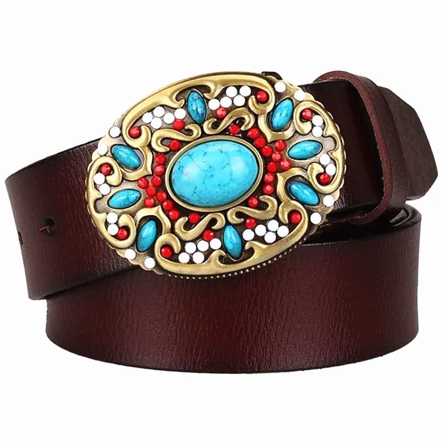 Other Fashion Accessories Fashion Women's Genuine Leather Belt Mosaic Gem Turquoise Belts Metal Buckle Arabesque Pattern Retro Lady Jeans Waistband Gift 230802