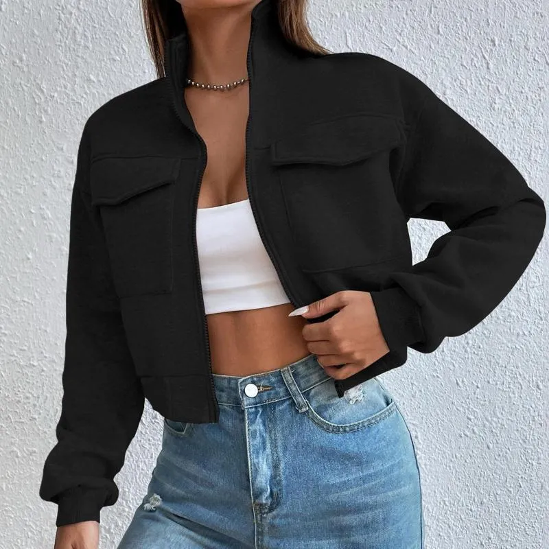 Women's Hoodies Women Stand Collar Short Hoodie Crop Tops Solid Color Jacket Casual Long Sleeve Pocket Sweatshirt Elasticized Hem And Cuffs