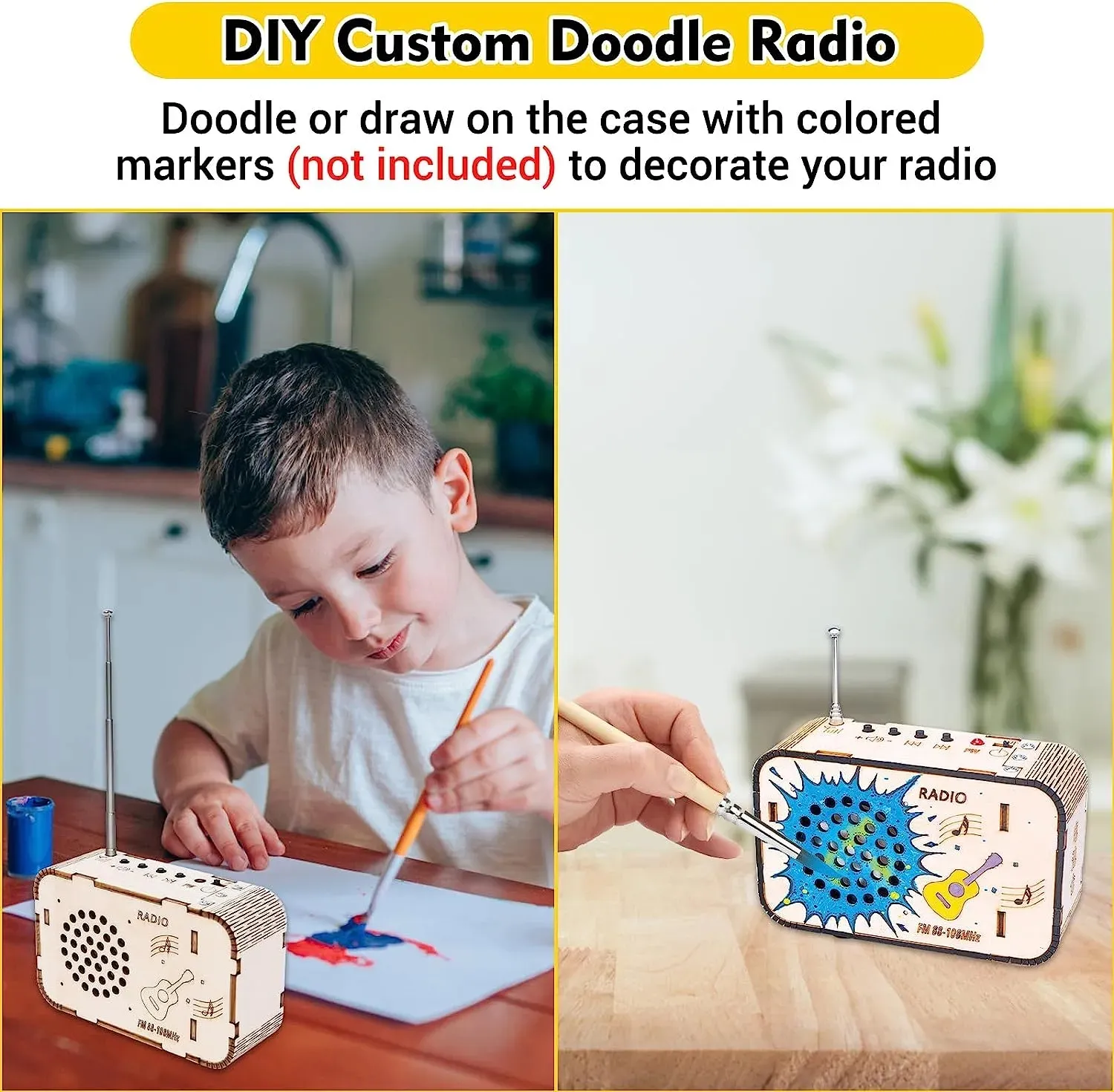 Kit Radio FM Fai-da-te In Legno Con Colori E Pennelli – Giocattolo Scientifico STEM Per Bambini Da Colorare - 3