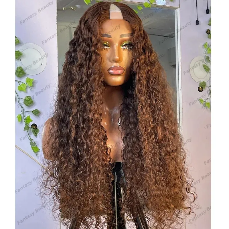 Brésilien Brun Clair Femmes Spirale Curl Longs Cheveux Humains 1x4 Ouverture V Partie Perruques Sans Colle Vague Naturelle Bouclés 26 Pouces V Pièces Perruquess