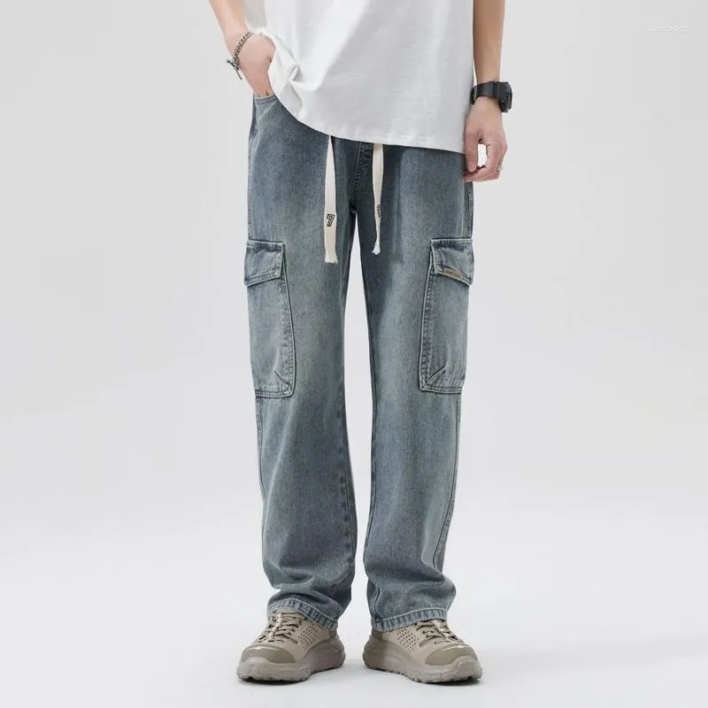 Jeans da uomo TFETTERS Summer For Men Baggy 2023 Mid Rise Multi Pocket Blu Cargo Straight Fashion Skateboard Casual Streetwear