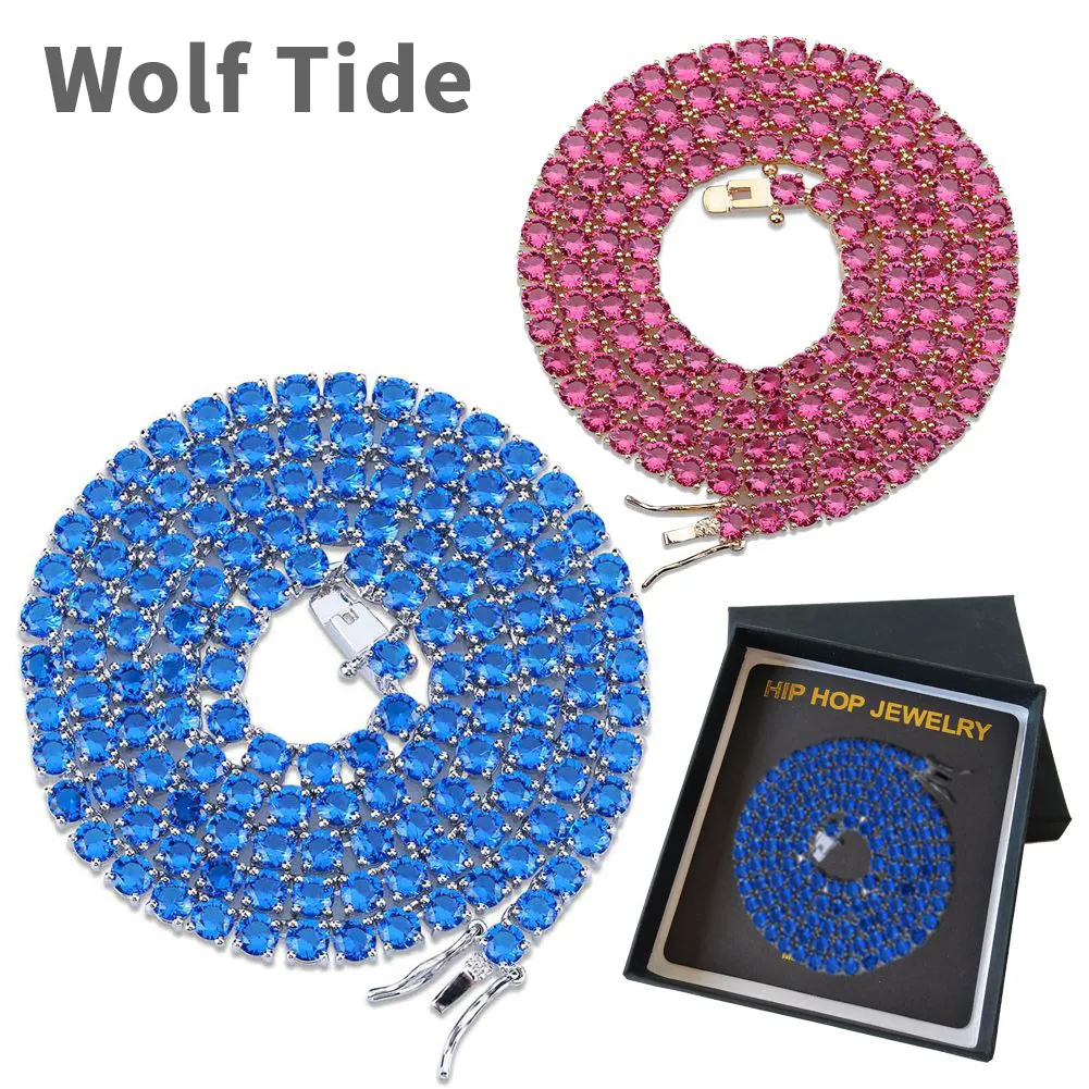 Colar de corrente de tênis de zircão cúbico vermelho e azul bling CZ Stone 18K banhado a ouro branco personalizado Hip Hop Tide 0,16 polegadas Rapper jóias acessórios presente para venda