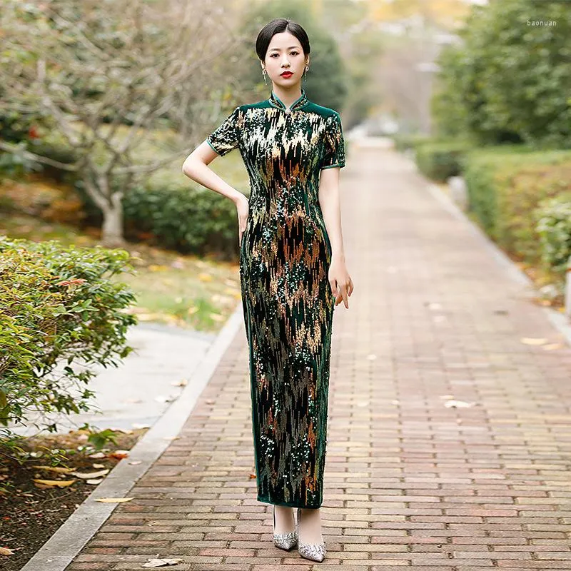 Etniska kläder velor cheongsam kvinnlig storlek 3xl -6xl paljetter qipao traditionell kinesisk parti prom klänning klänning vintage krage vestidos