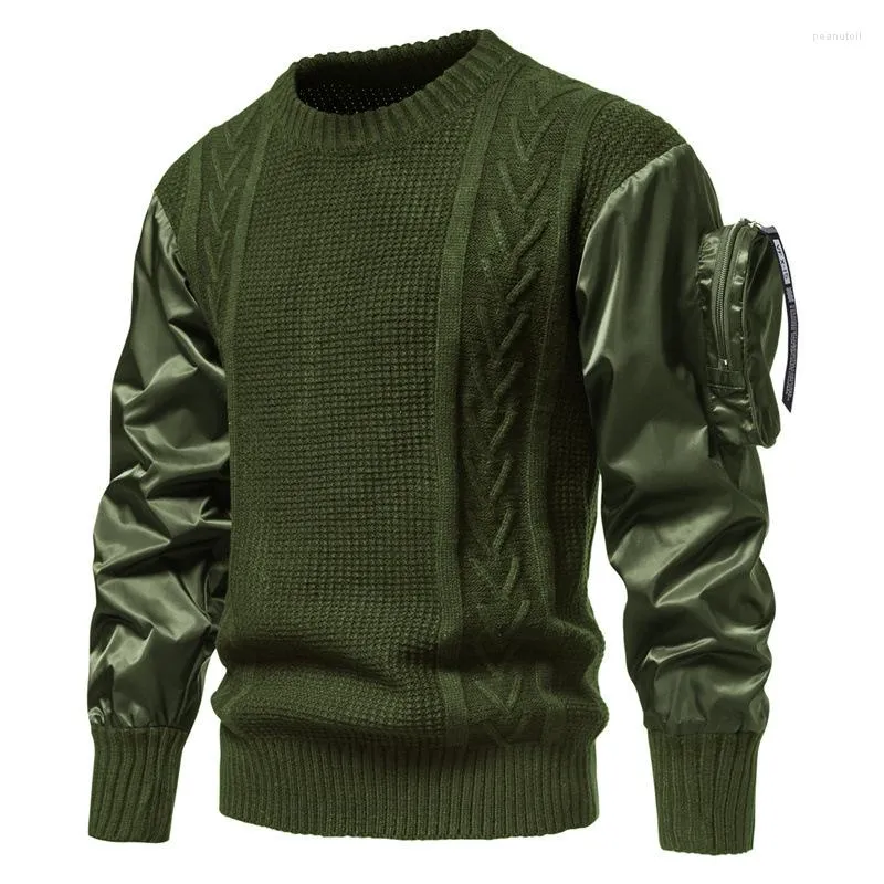 メンズセーター2023メンズ高品質のセーターニットユーロサイズプルオーバーパッチワークスリーブプラティカルアームポケットファッション男性ビンテージ