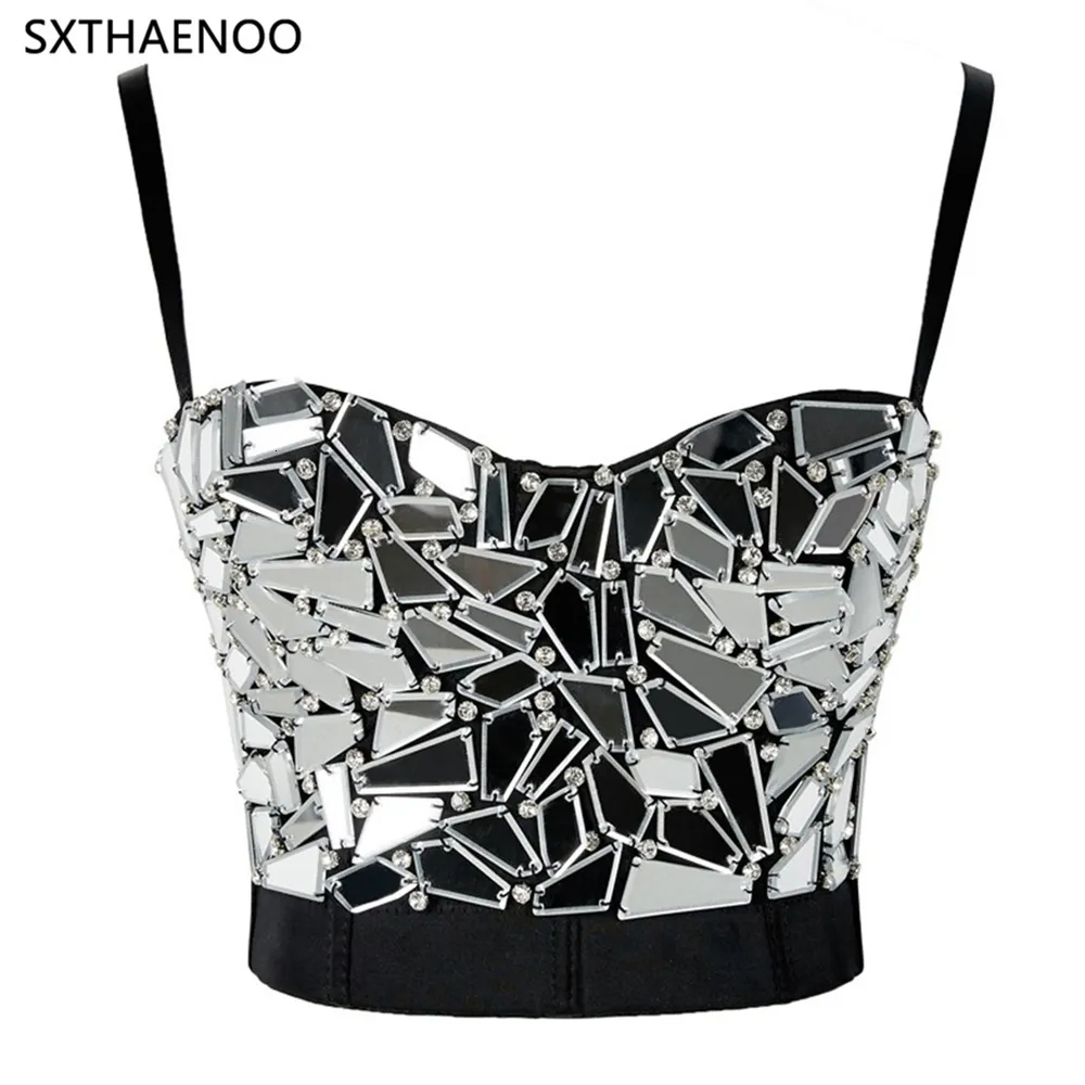 여성용 탱크 Camis Sxthaenoo Silver 스팽글 자른 탑 구슬 섹시 코르셋 플러스 크기 카니발 파티 Camisole 230825