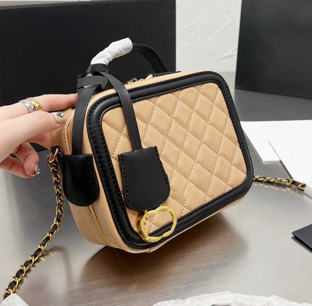 Lüks omuz çantaları klasik dilli vanity kılıfı kılıf çanta havyar buzağı deri kapitone ekose altın metal zincir çift fermuarlı crossbody de kadınlar kişiselleştirilmiş