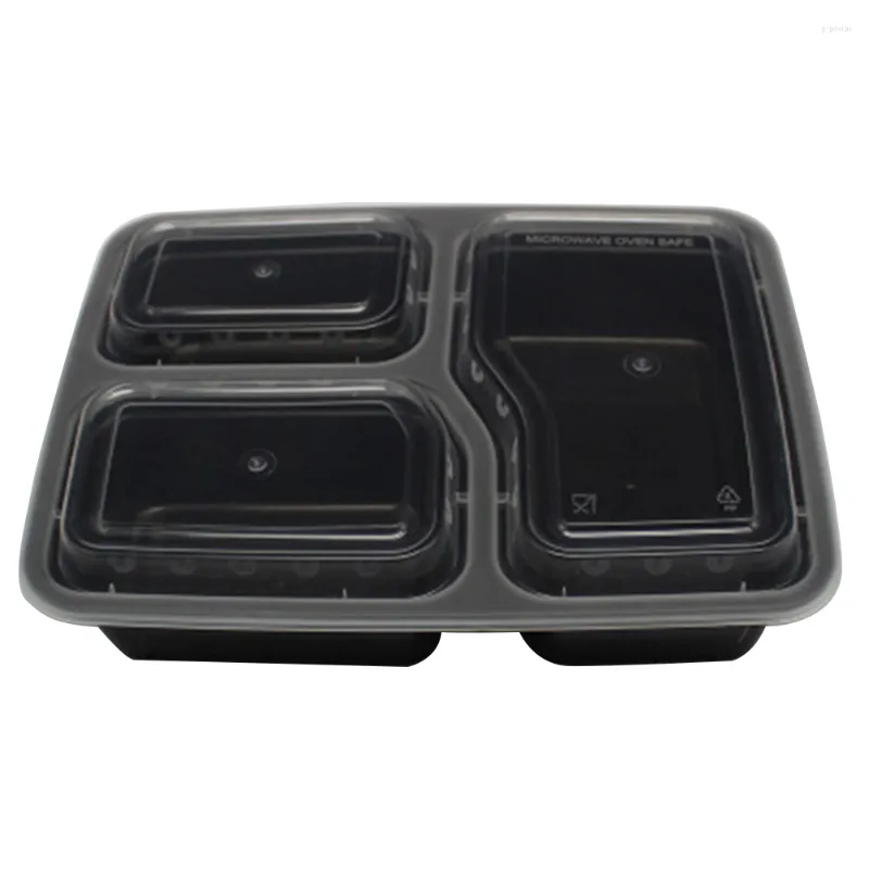 Geschirr, 10 Stück, Einweg-Behälter für die Zubereitung von Mahlzeiten, 3 Fächer, mikrowellengeeignete Aufbewahrung, Bento-Box (schwarz mit Deckel)