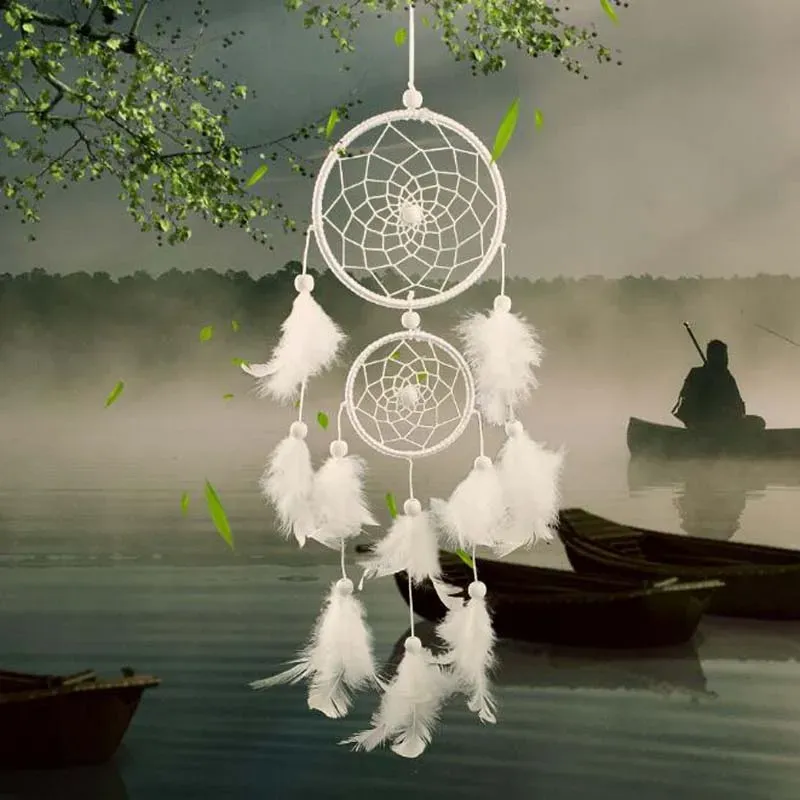 Hot Sale Dream Catcher White Feather Net med 2 ringar Dreamcatcher Craft för att hänga dekoration Tillbehör födelsedagspresenter ll