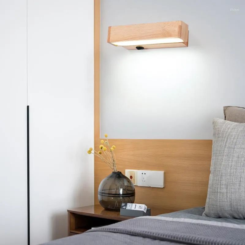 Vägglampa ZK50 solid trä LED med knappomkopplare roterande sovrum sovrum kreativ rum dekoration belysning fixturer