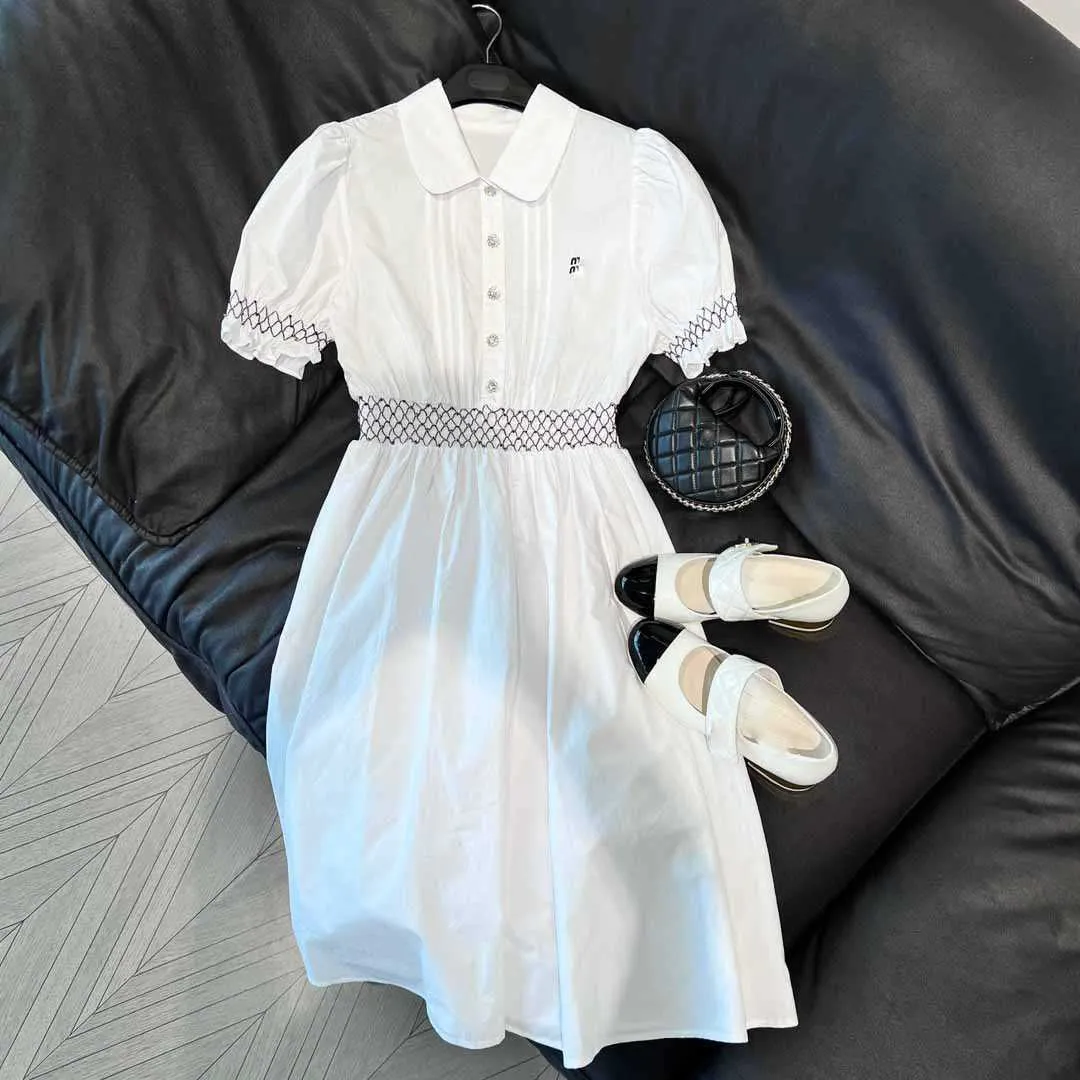 Summer New Girls' Style White Moonlight Elastic Waist Strass Button Revers Bubble Sleeve Dress