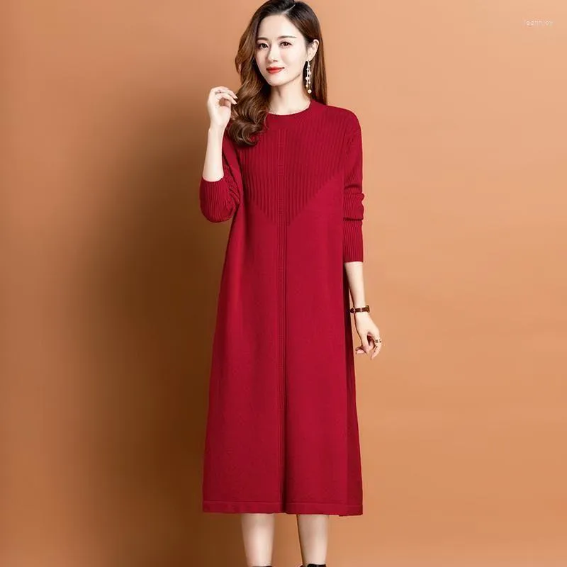 カジュアルドレス秋の冬女性編み2023ファッション特大のOネックパターンパッチワークスリムオフィスレディドレス高品質