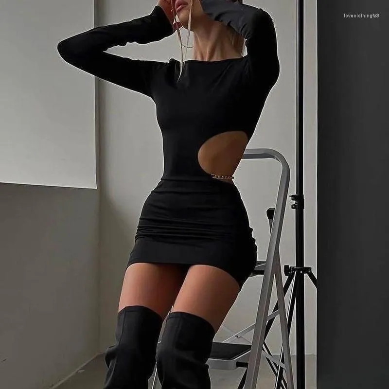 Casual Dresses Fashion Sexy Waist Hollowed Mini Dress Black Long Sleeves Slim 2023 Elegant Womens Metal Chain Decoration Vestidos