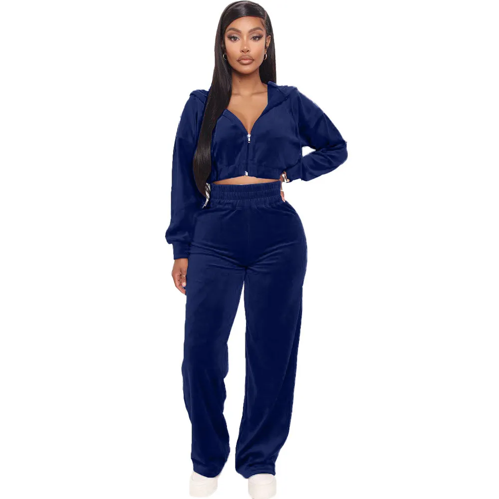 Kvinnor Tvåbitar byxor Solid Velvet Set Women Hoodie Crop Jacket 2 Joggers Outfits Velor Jogging Suits Byxor Juicy Tracksude 230803