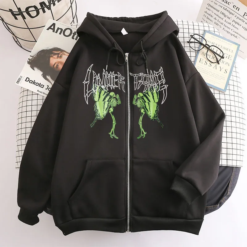 Womens Hoodies Sweatshirts Halloween Dark Skull Butterfly Wing Street Hip Hop Gothic Harajuku Y2k Black Zip UP Hoodie Women Jacket Sweater 230802