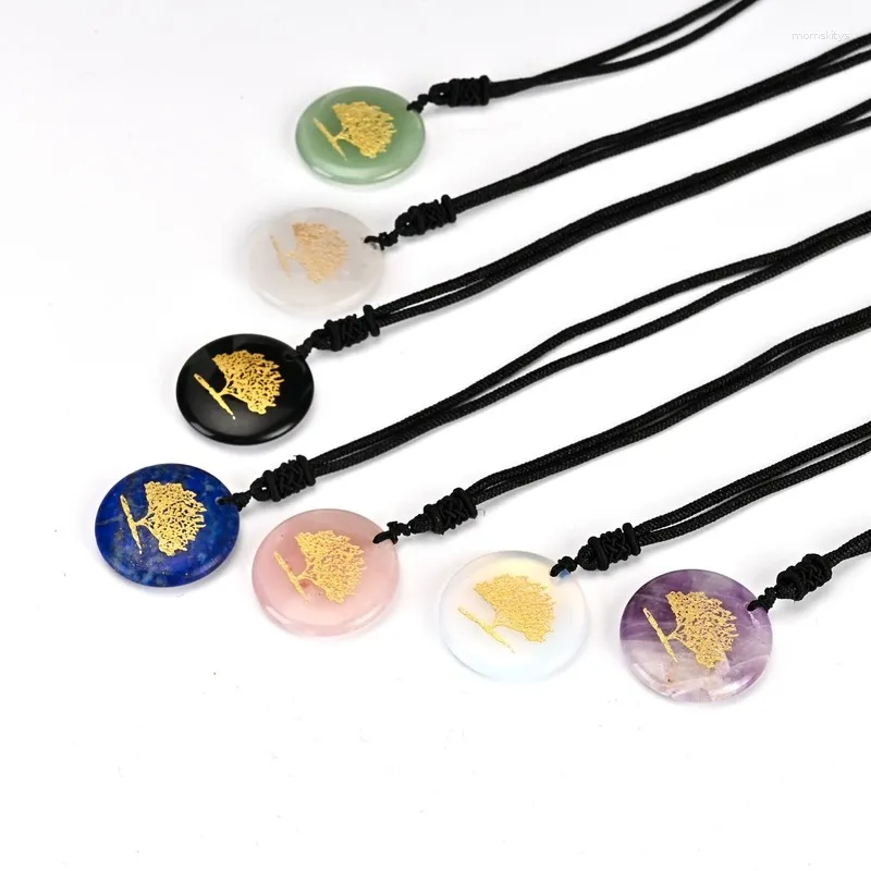 Pendant Necklaces Natural Gems Tree Of Life Healing Reiki Crystal Amethyst Chakra Round Engraved Stone Charms For Necklace Jewelry Making