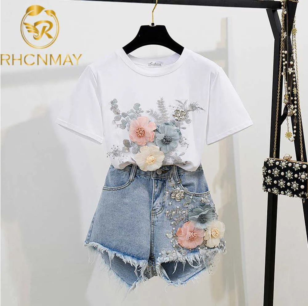 Summer Women 2 Piece Sets Embroidery 3D Flower T-shirt + Denim Shorts Vintage Beading