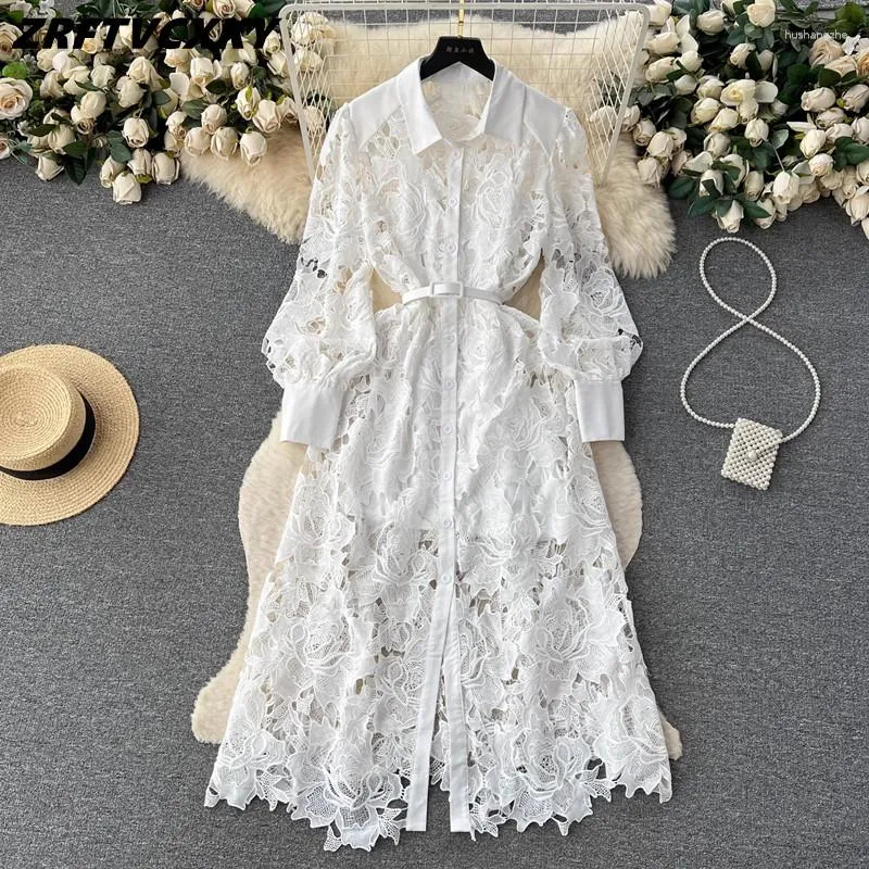 White Lace Lantern Sleeve Casual Dress with Hollow Out for Women