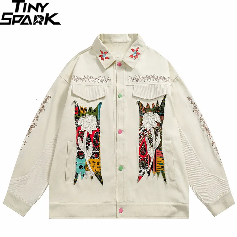 Męskie kurtki vintage biała dżinsowa kurtka mężczyzna Hiphop Streetwear Retro Graphic Flower Haftery dżins bawełniany harajuku kwiatowy płaszcz 230803