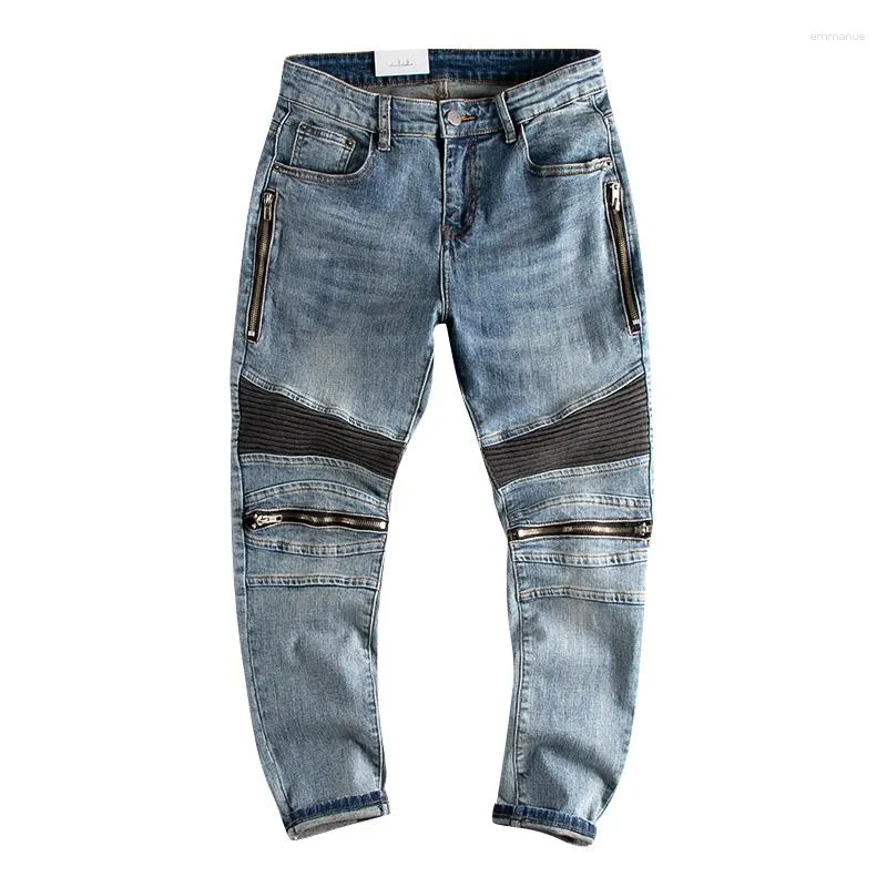 Heren Jeans Splicing Rits Gescheurde Mannen Retro Meerdere Potlood Denim Broek Mode Lichtblauw Man