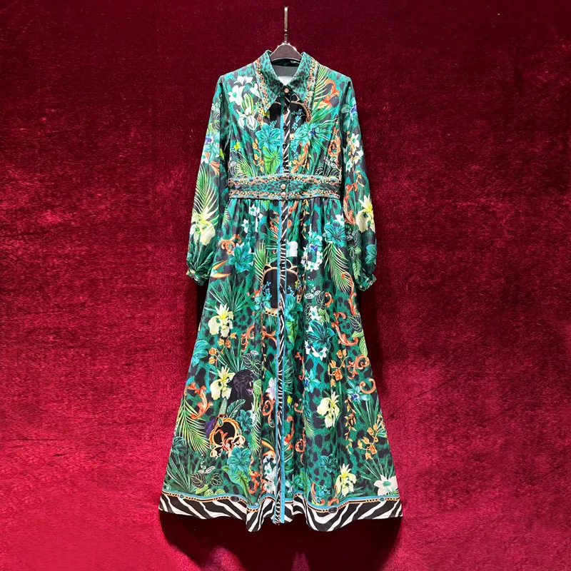 2023 Summer GreenFloral Print Paneled Dress manica lunga bavero collo bottoni lunghi maxi abiti casual A3Q122153