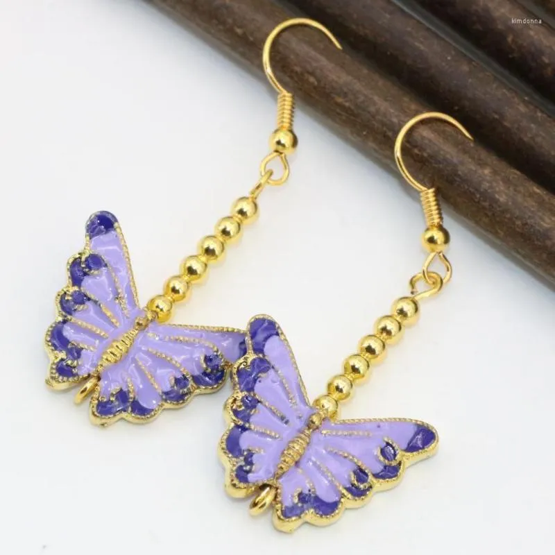 Pendientes colgantes de alto grado encantador largo gota mariposa oro-color Cloisonne 22 18mm mujeres bodas fiesta regalos joyería B2595