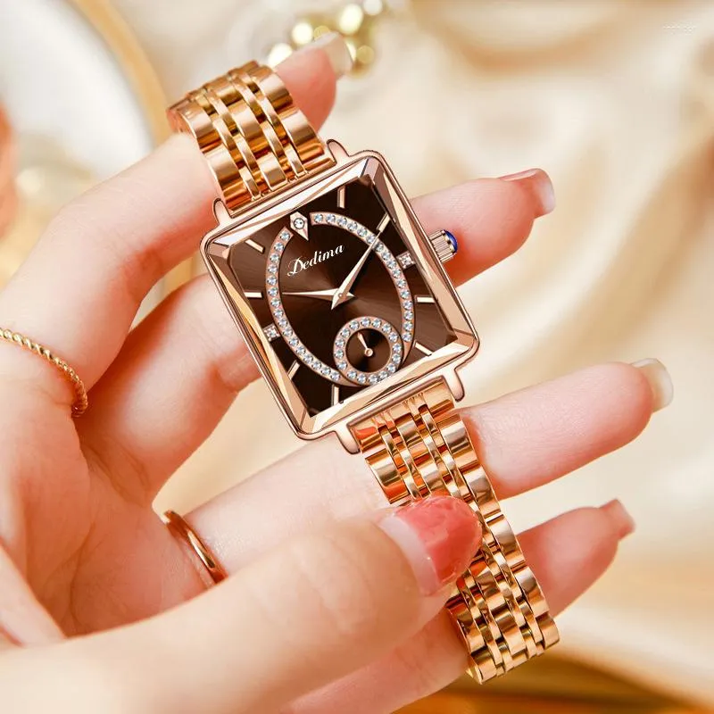 Armbanduhren Luxus quadratische Damenuhr aus Roségold mit Diamanten, Edelstahl, wasserdicht, Quarz, Damen