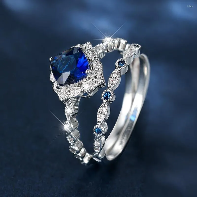 Anneaux De Mariage De Luxe Bleu Royal Pierre Carré Ensembles De Mariée Couleur Argent Empilage Couple Fiançailles Pour Les Femmes Zircon Bandes Bijoux