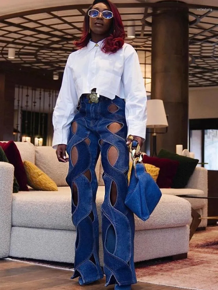 Women's Jeans 2023 Lady INS Fashion Wide Leg Jean Trousers Streetwear Hollow Out For Women Casual Criss Cross Straight Flare Denim Pants