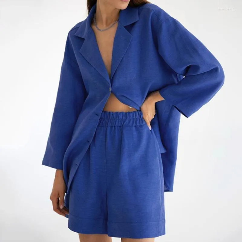Kvinnors sömnkläder 2023 Hösten långärmad skjortor Pyjamas Europeiska och amerikanska bomullslinne Löst shorts Tvådelar Set Blue Home Clothes