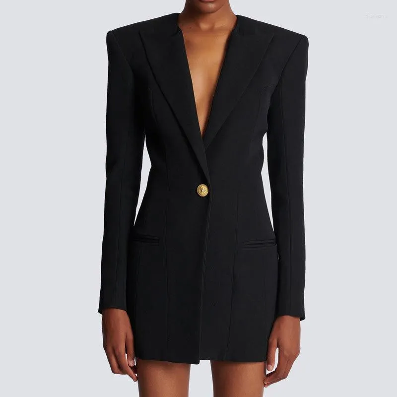 Casual Dresses Blazer Runway 23SS Fashion Wool Balck Office Single Button Waist Deep V-Neck Dress Temperament Long Sleeve Bag Hip Clothes