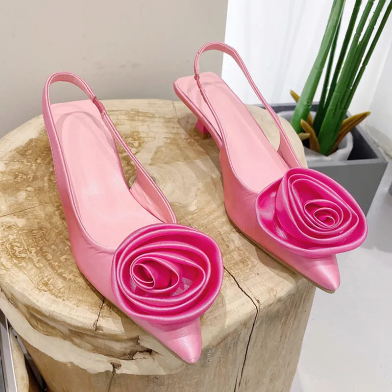 Sandals Summer Fashion Back Strap Sandals Flower Decoration Pump Pink Pointed Toe Slingback Shoes Brand Wedding High Heel Mules 230802