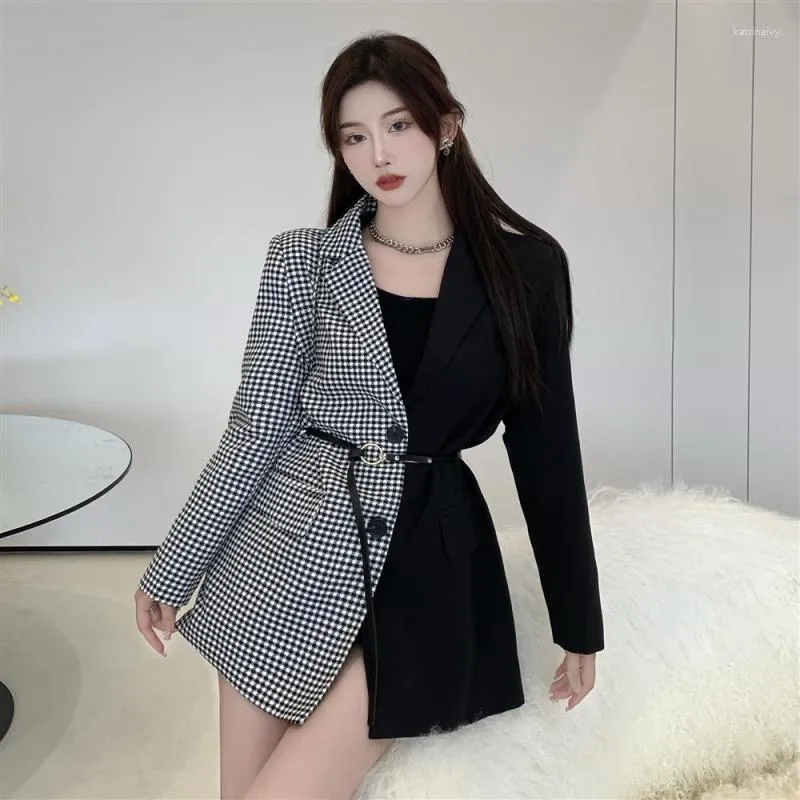 Ternos femininos primavera outono Houndstooth Blazers 2023 escritório coreano senhora graciosa patchwork xadrez jaqueta com cinto casaco solto