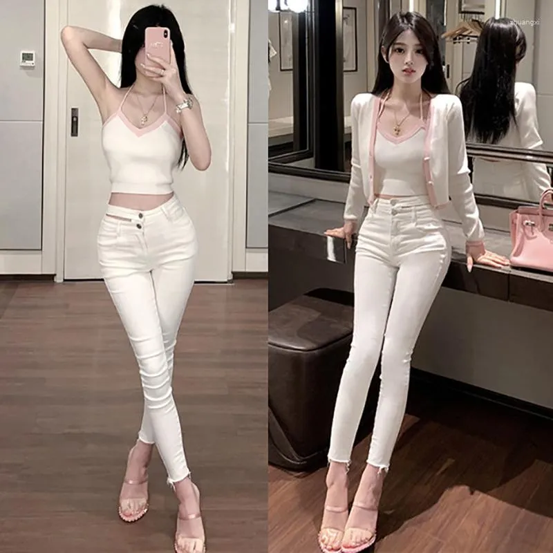 Женские джинсы корейская модная девочка белая хлопковая спандекс 2023 летние женщины выпускают талию