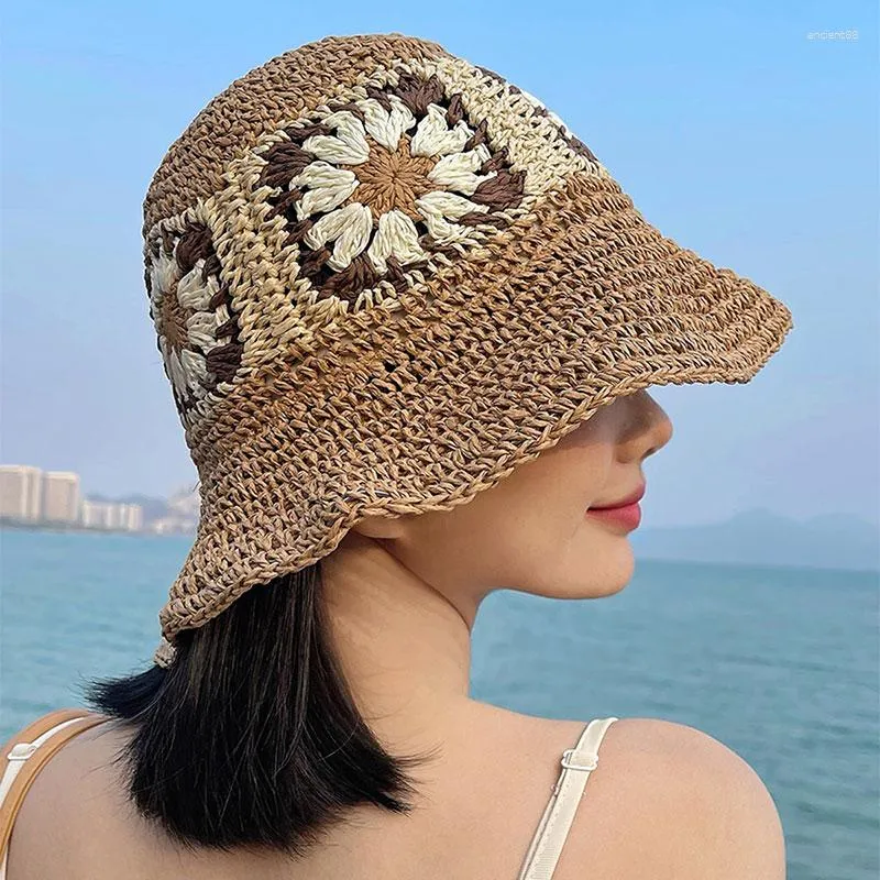 Chapeaux à large bord fleur mignon fille chapeau de soleil disquette été pour femmes plage Panama paille dôme seau à la main Femme casquette