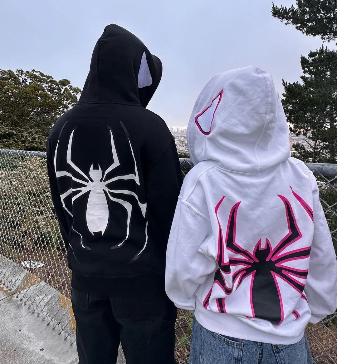 Kvinnors hoodies tröjor harajuku mode y2k överdimensionerad kappa personlighet spindel tryck kvinnors hoodie punk par full zip up hoodie tops kawaii kläder 230803