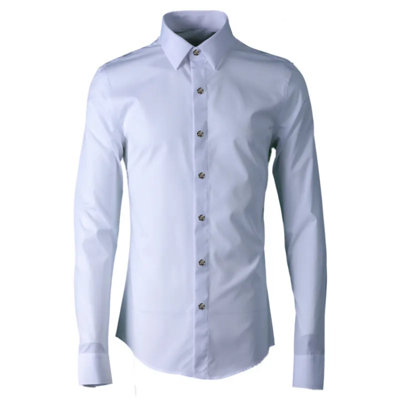 Camicia da uomo Minglu in lega di lusso con rivetti rosa Camicia da uomo a maniche lunghe in tinta unita bianca nera Camicia da uomo casual in cotone 100%