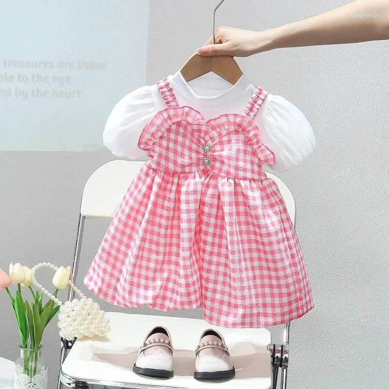 소녀 드레스 아기 드레스 귀여운 여름 체커 프린트 짧은 슬리브 면화 패션 공주 유아 0-4y