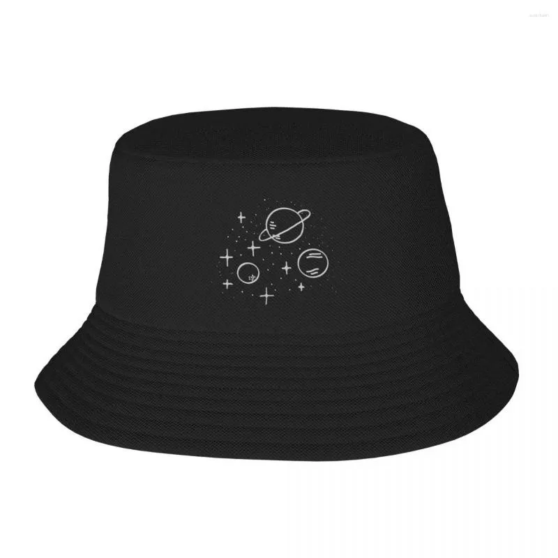 Boinas White Space Line Art - Planetas e estrelas (design de bolso no peito) Chapéu de balde Bonés de pesca Boné de luxo Feminino Visor de praia Masculino