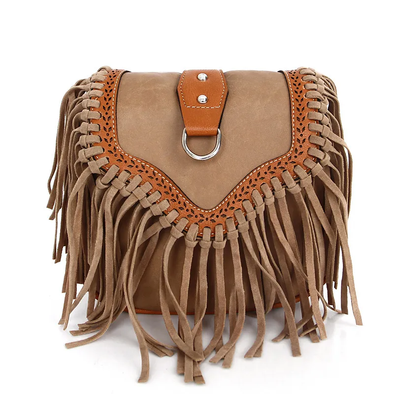 Western Style Tassel Crossbody Bag Women's bag Fashion Retro Shoulder Bag Frosted Bag