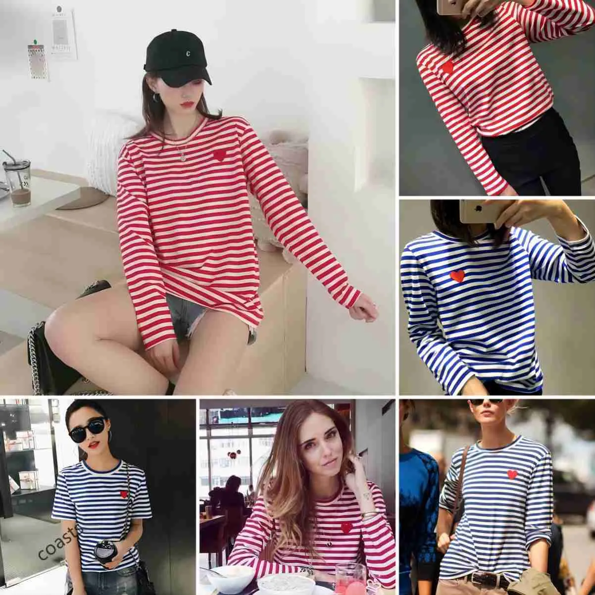 Male and Female Couple Long Sleeve T-shirt Designer Play commes des garcons Embroidered Sweater Pullover Love Black and White Stripes Loose Short Sleeve zha