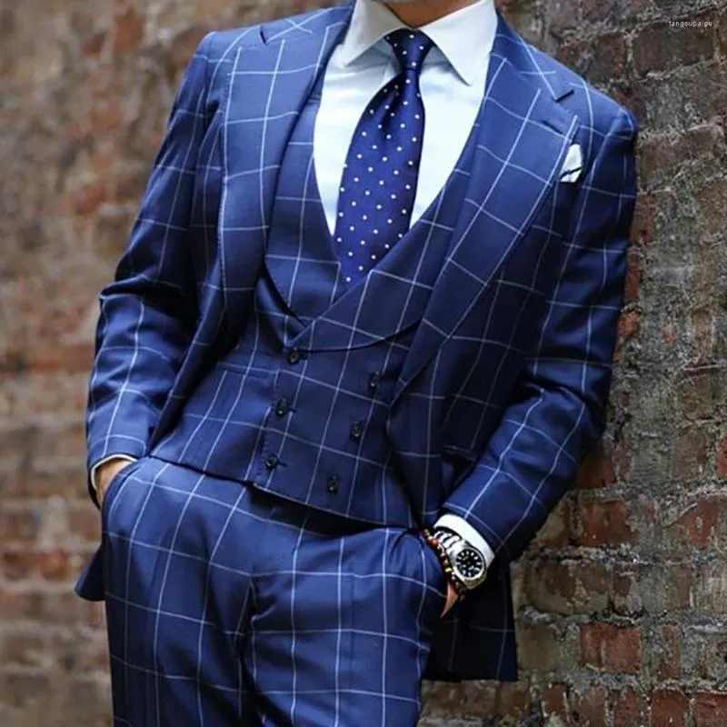 Men's Suits Royal Blue 3 Piece Men British Plaid Casual Customized Fit Party Handsome Formal Coat Pant Vest