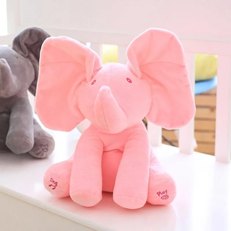 Pluche Poppen Olifant Speelgoed Knuffel Elektrische Educatief Geanimeerde Flappy Baby Kiekeboe Pat Oren Cover Ogen 230802