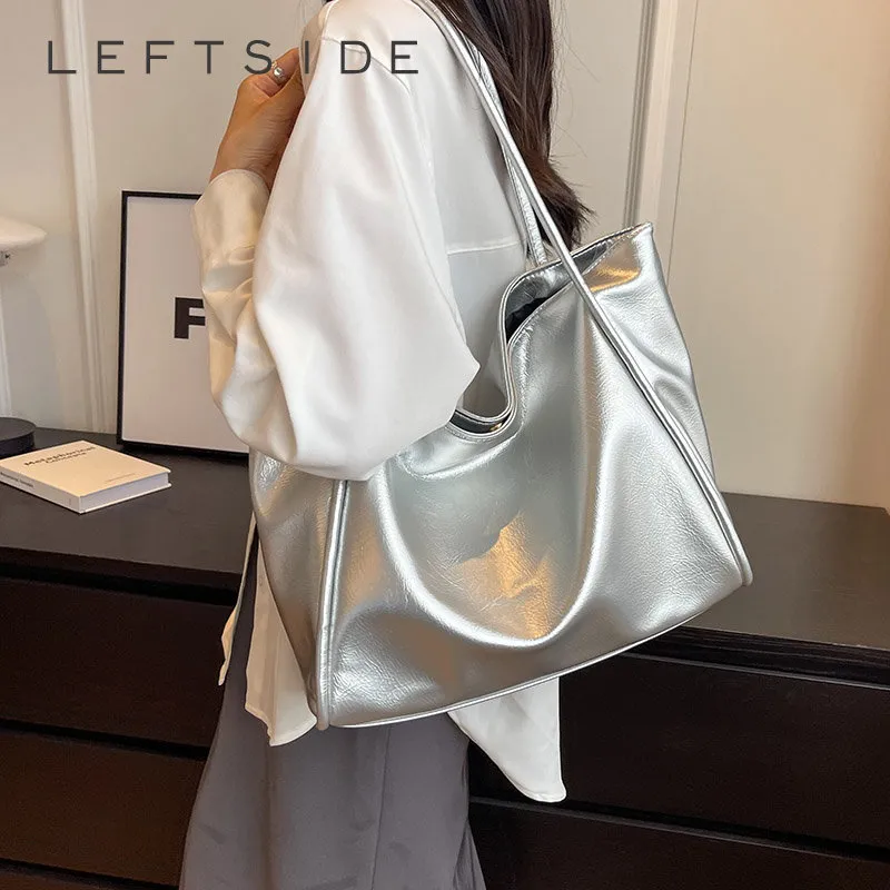 Sacos de noite Leftside prata couro grande ombro lateral sacos para mulheres tendência vintage y2k bolsas de alta capacidade senhora sacola 230803