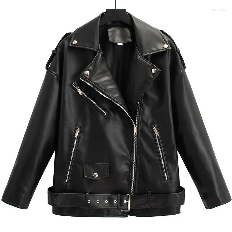 Women's Leather 2023 Spring Autumn Faux Jackets Women Casual Oversized Biker Coats With Belt Female Streetwear Outwear
