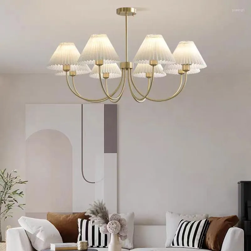 Lampy wiszące żyrandole w stylu amerykański biały tkanina miedziana lampka wisząca 6/8 światła do salonu sypialnia jadalnia E27 żarówka