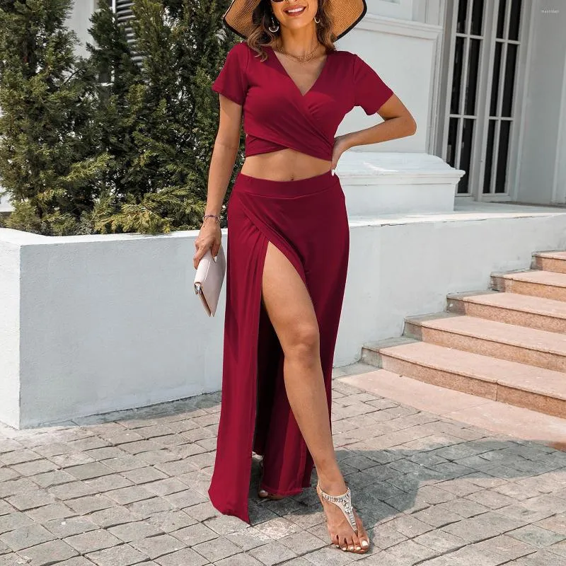 Two Piece Dress Women 2 Skirt Set V Neck Twist Front Top Maxi Floor-Length Solid Color Polyester Two Piece Dress Women 2 Skirt Set V Neck Twist Front Top Maxi Floor-Length Solid Color Polyester