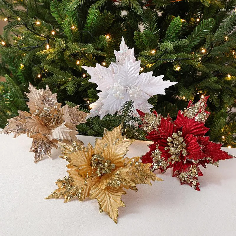 Adornos navideños para árboles, 26cm, dorado, blanco, rojo, con lentejuelas, franela, flor de simulación, esquejes DIY, decoración, bastón de caramelo